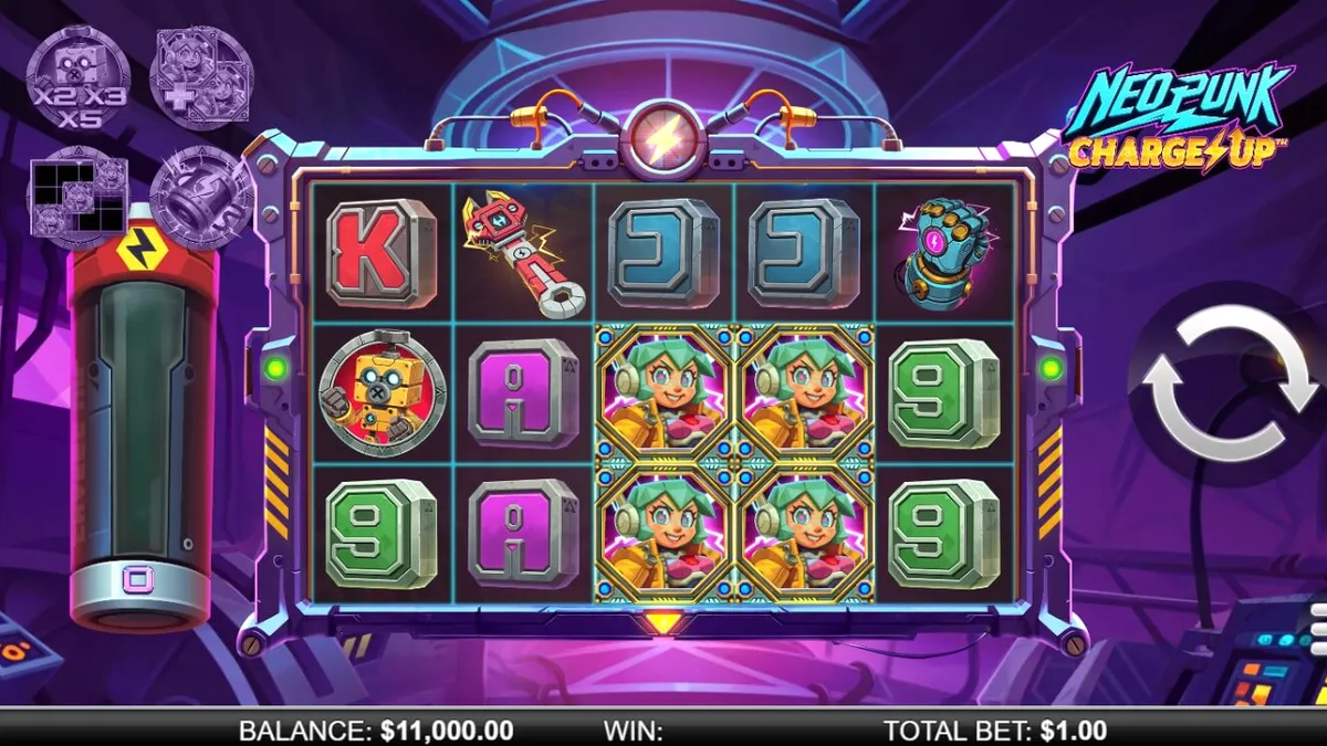 Isang futuristic na disenyo ng slot machine na may temang cyberpunk at neon na mga kulay.
