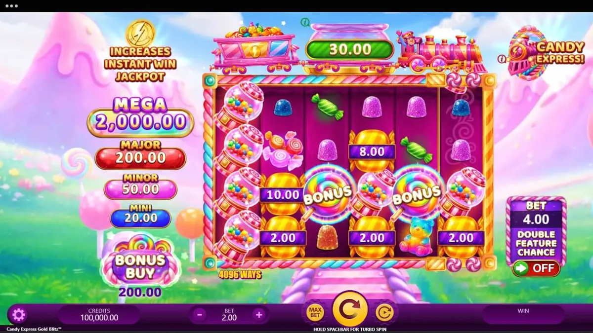 Makulay na disenyo ng Candy Express Gold Blitz slot na may mga kendi at tren